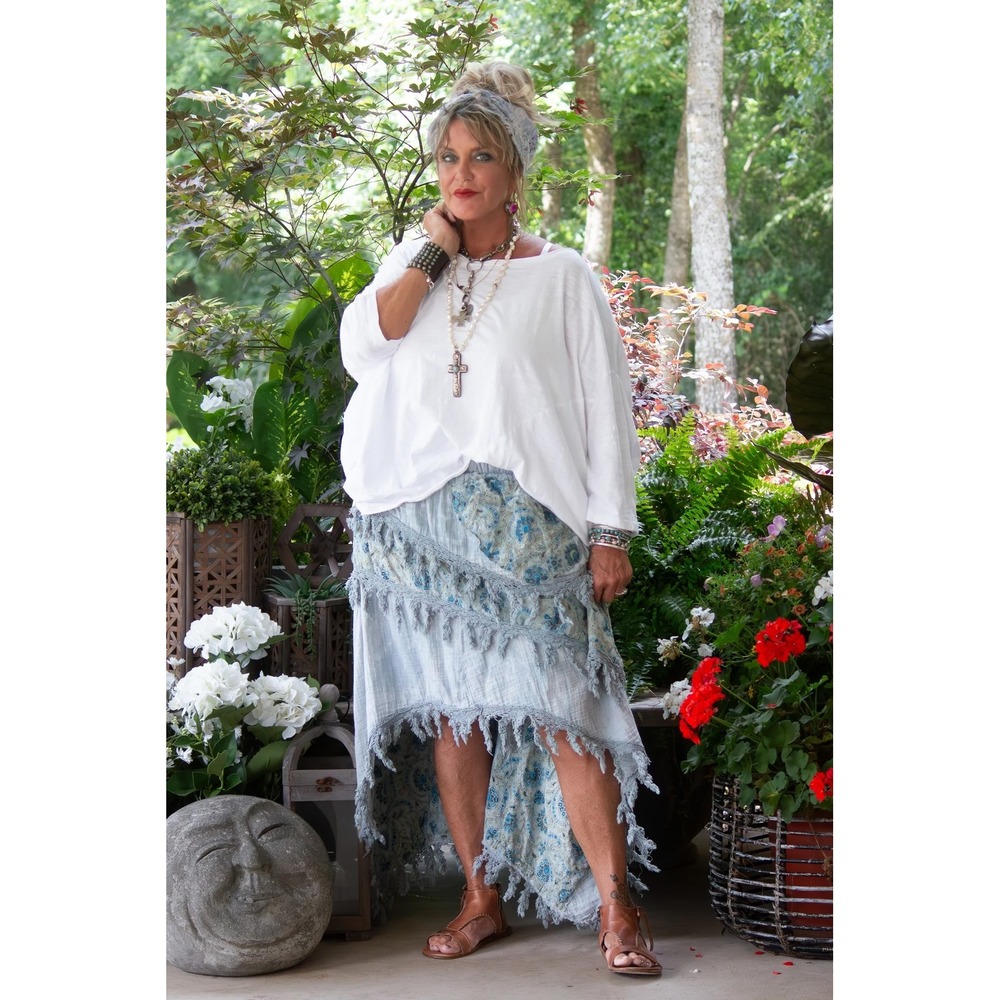 Jaded Gypsy Blue Gauze Tiered Asymmetrical High Low Boho Tassel Fringe Skirt NWT